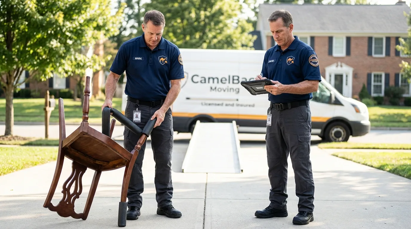 Movers inspecting furniture for damage prevention before loading in Campton, KY